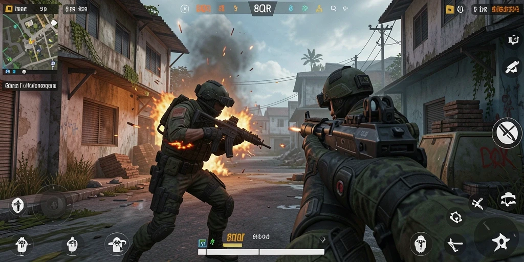 Tampilan gameplay yang menegangkan dalam 8QR, penuh aksi FPS.