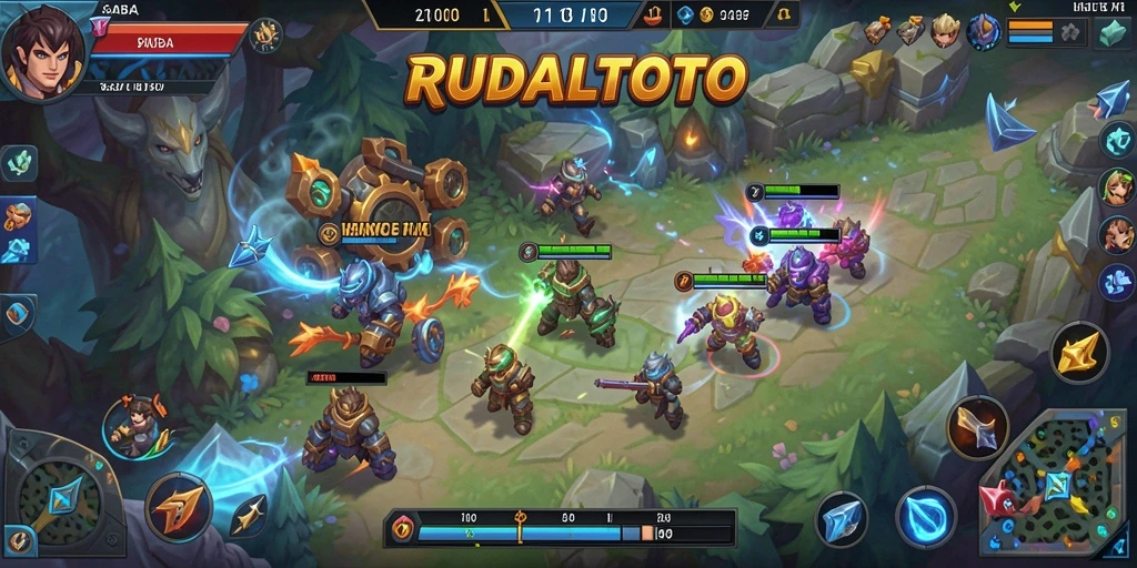 Tangkapan layar RUDALTOTO menunjukkan aksi pertandingan MOBA yang mendebarkan.
